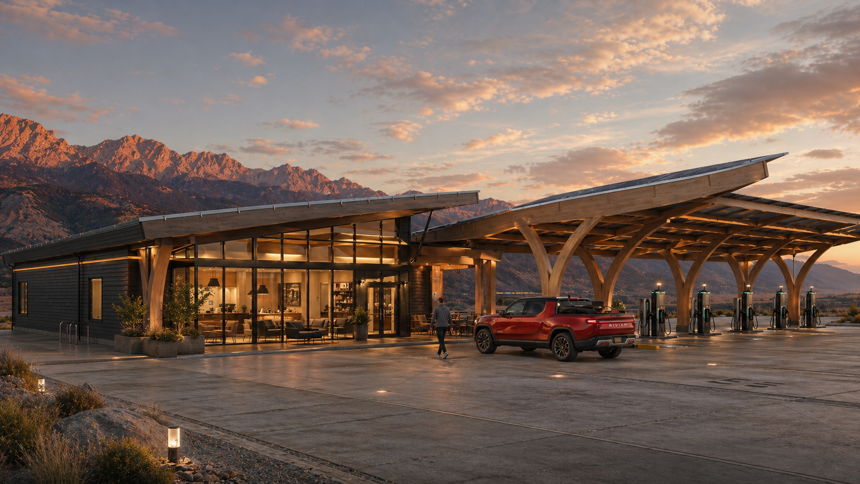 A Rangeway location at dusk with sunset-lit mountains behind, the driver's lounge glowing through the glass facade, and a vehicle charging under the timber canopy